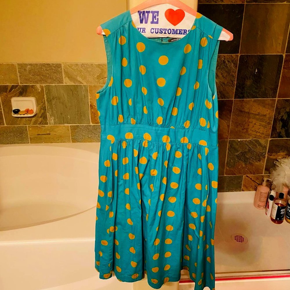 Emily and Fin Gold & Teal Polka Dot Long Lucy Dress— L— Fit & Flare — VERY rare
